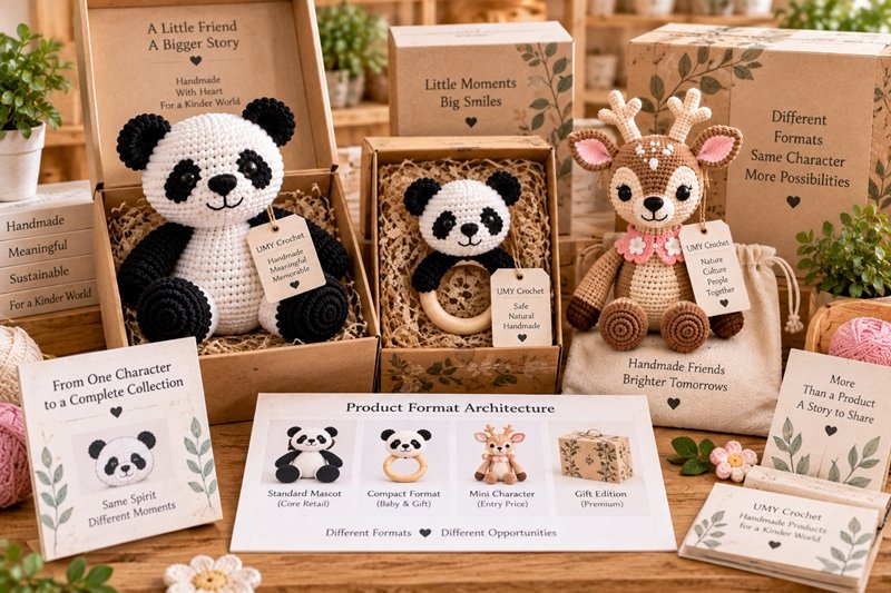 crochet character product format sampling with hero mascot mini version keychain and packaging prototypes