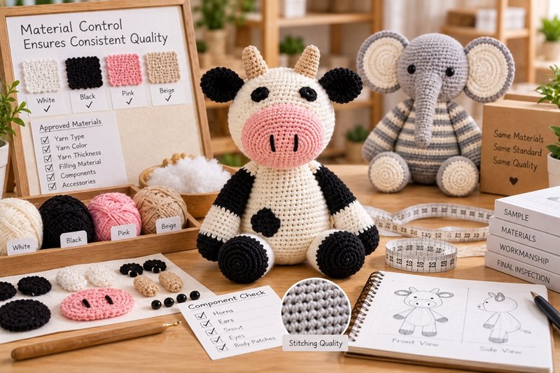 crochet yarn material control with color swatches stitch samples and approved product reference