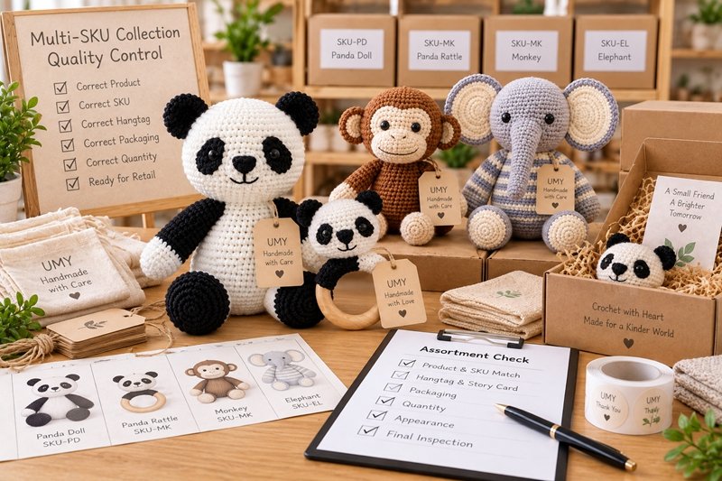 multi SKU crochet quality inspection with several handmade products packaging and assortment control