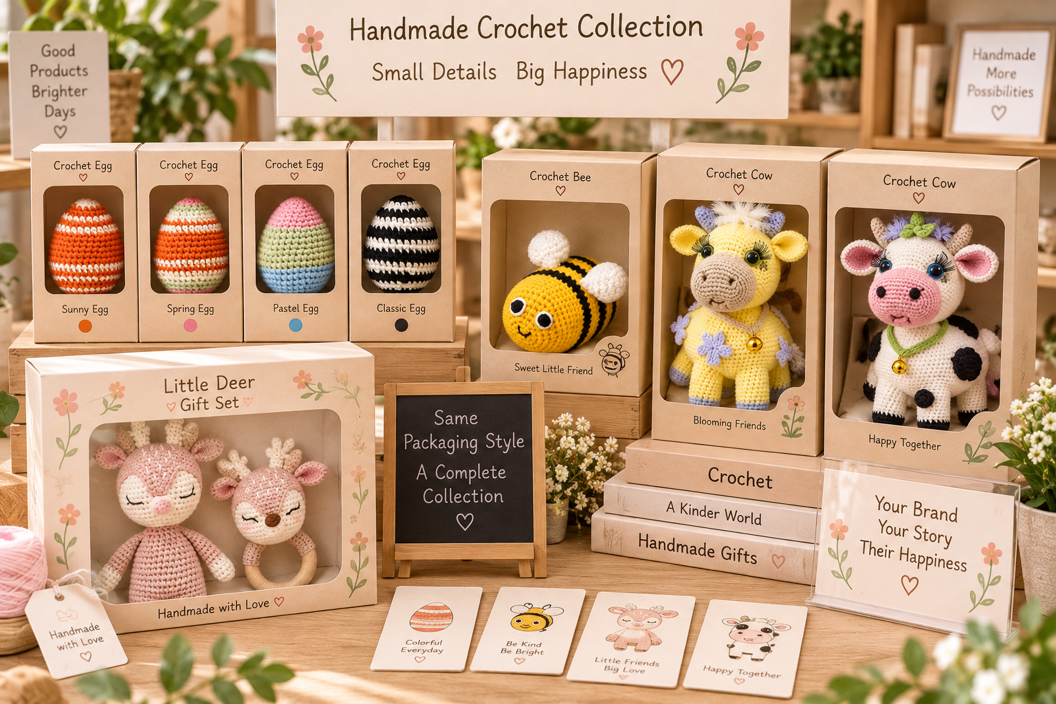 crochet products in gift boxes pouches hangtags and shelf ready retail display