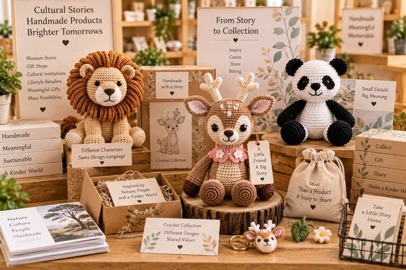 museum crochet collection with hero product mini souvenir story cards gift packaging and coordinated retail display