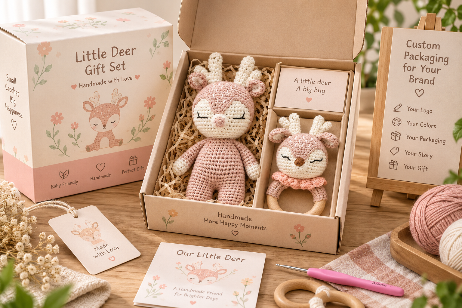 private label crochet packaging with finished products boxes tags and retail materials