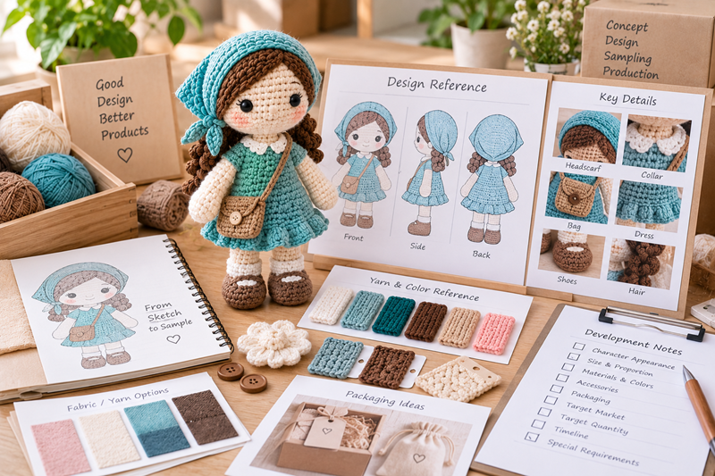 Crochet character reference artwork shown with front, side, and back development views