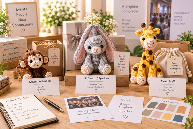 Different crochet gift formats arranged for conference attendees, VIP guests, and campaign distribution