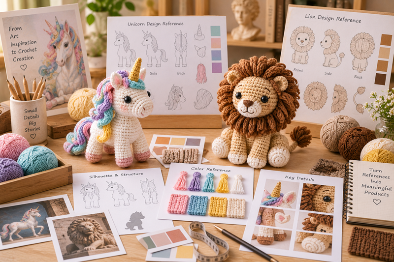 Crochet product development board comparing an exhibition reference with silhouette, color, accessory, and yarn interpretation options