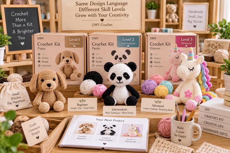 beginner intermediate advanced crochet kit retail collection with packaging and skill level progression