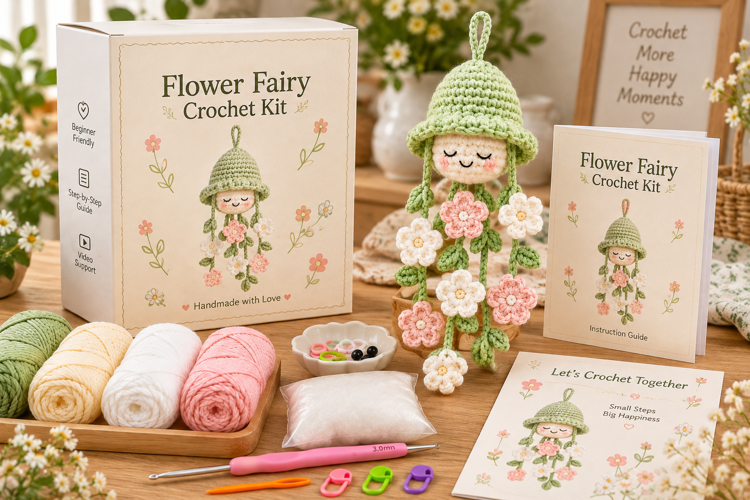 retail crochet kit development with yarn finished crochet product and packaging