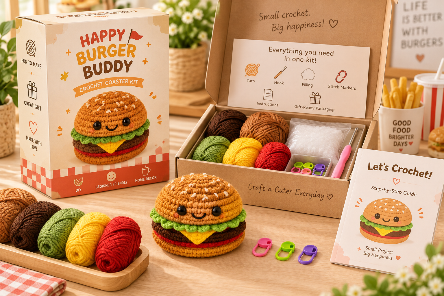 private label crochet kit packaging with yarn instructions and retail presentation