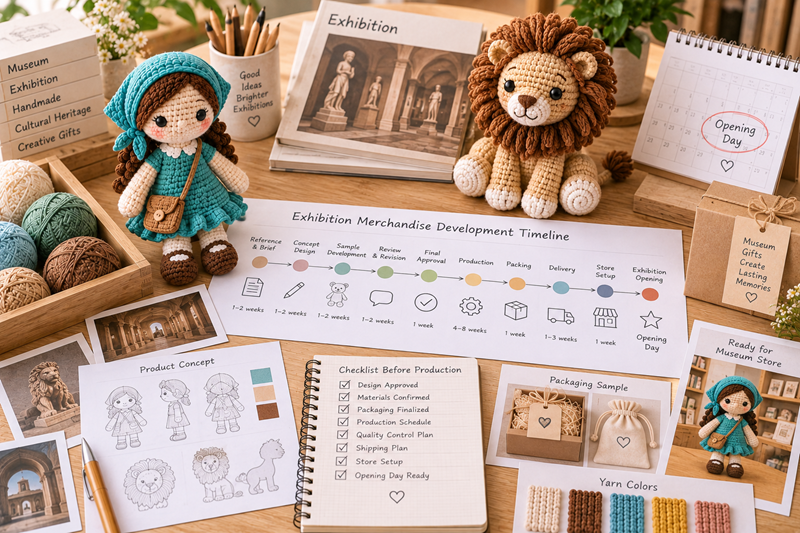 Museum exhibition merchandise timeline showing reference approval, crochet sampling, revisions, packaging, production, delivery, and store setup before opening day