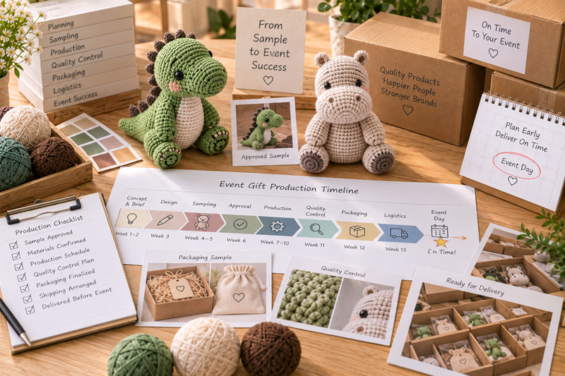 Crochet event gift production timeline with approved sample, packaging, quality control, and delivery planning