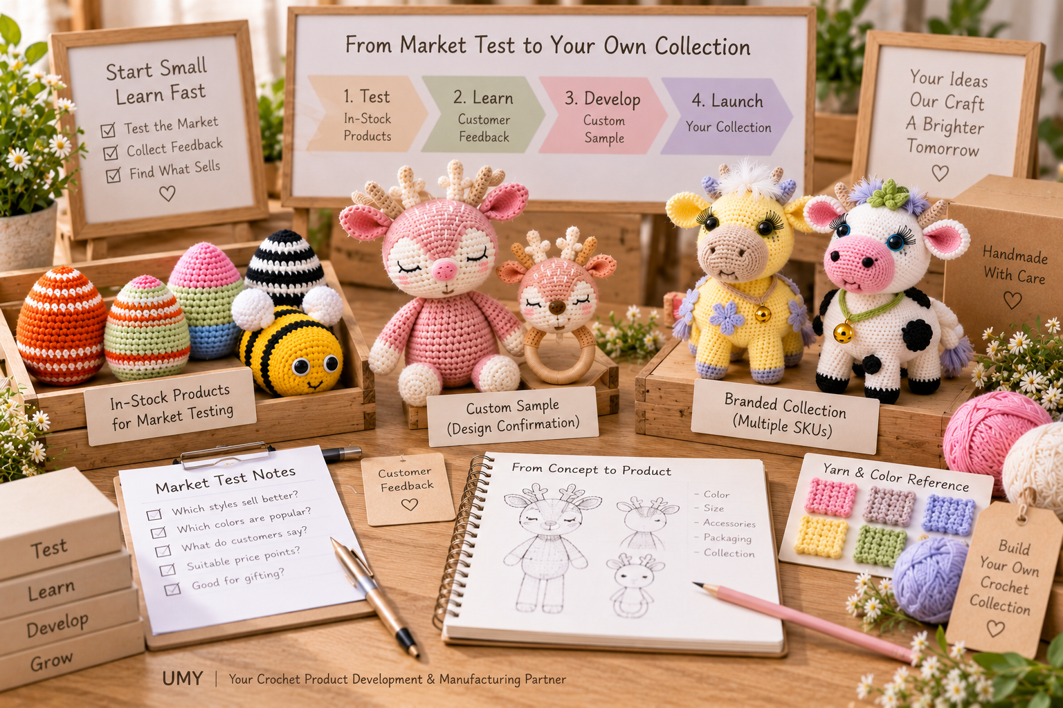 crochet product sourcing progression from stock market test to custom sample and branded collection