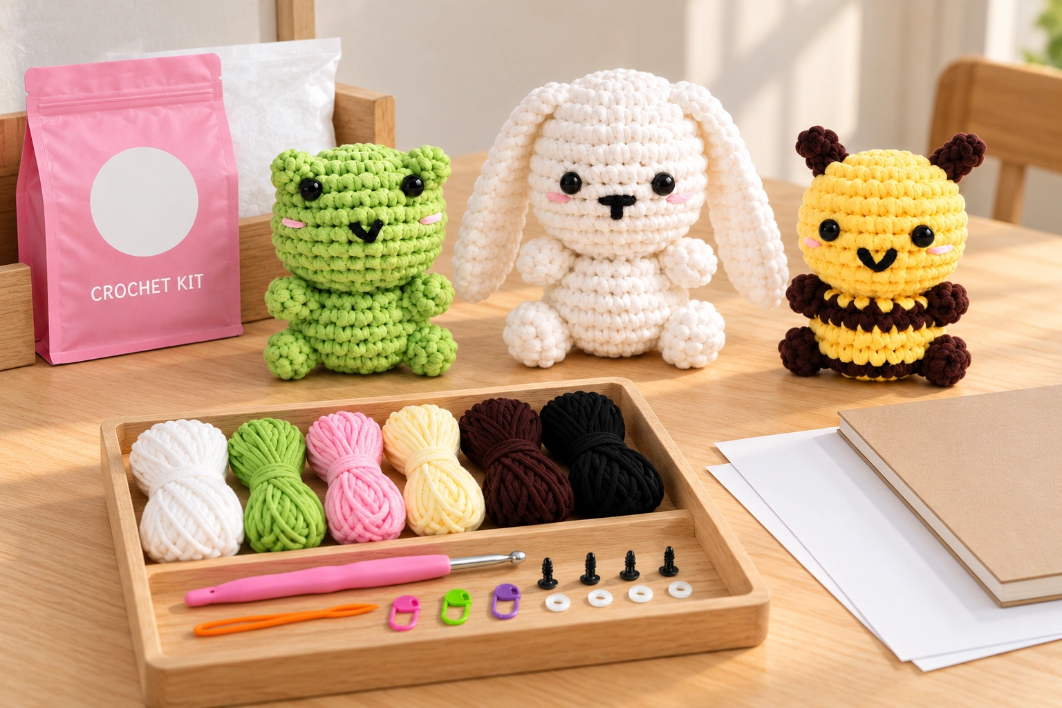 A crochet reference product and demonstration materials organized beside participant supplies on an instructor preparation table