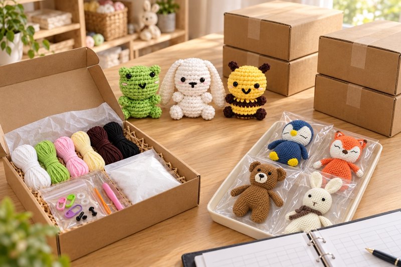 Sealed neutral cartons beside representative crochet products and reconciled packing records