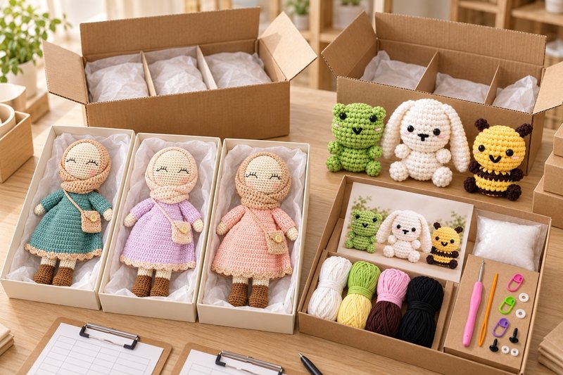Individually packed crochet products separated into defined groups beside open shipping cartons