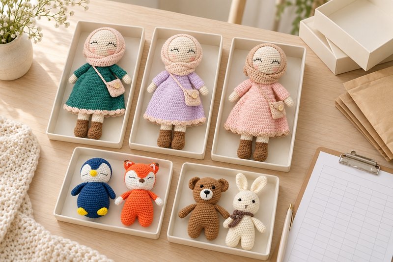 Crochet product groups arranged beside a destination allocation sheet and packaging references