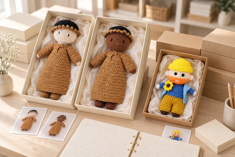 Crochet products displayed with individual packaging and grouped release records for a museum retail review