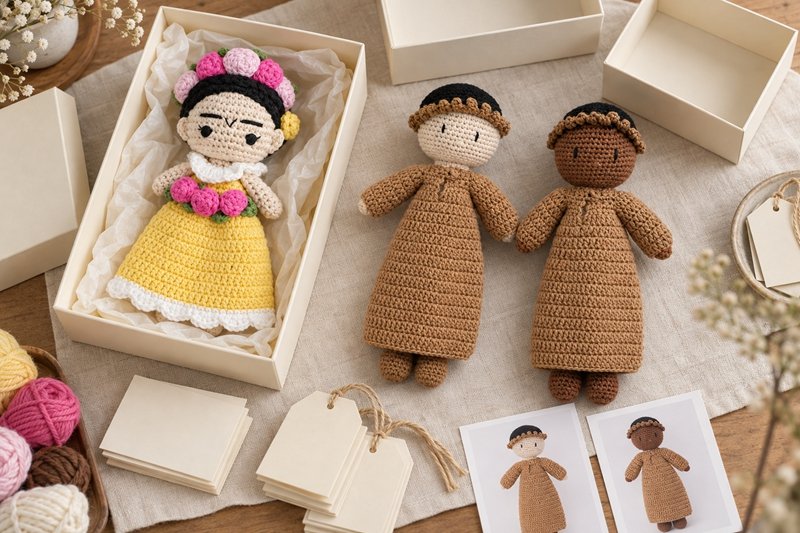Crochet collection samples beside packaging prototypes, plain story cards and organized variant references