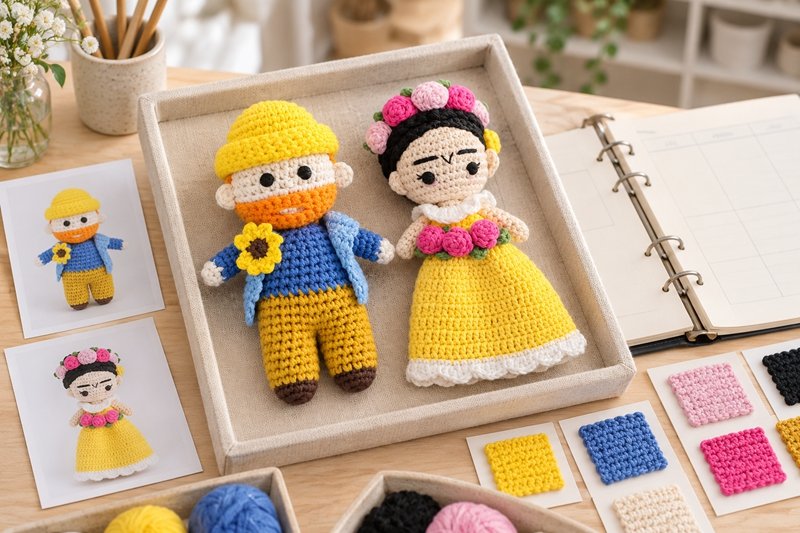Crochet cultural product samples arranged beside approved reference materials and an edition planning folder