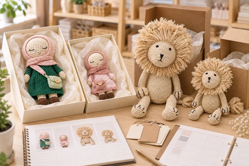Crochet character development samples displayed with packaging prototypes and version reference folders