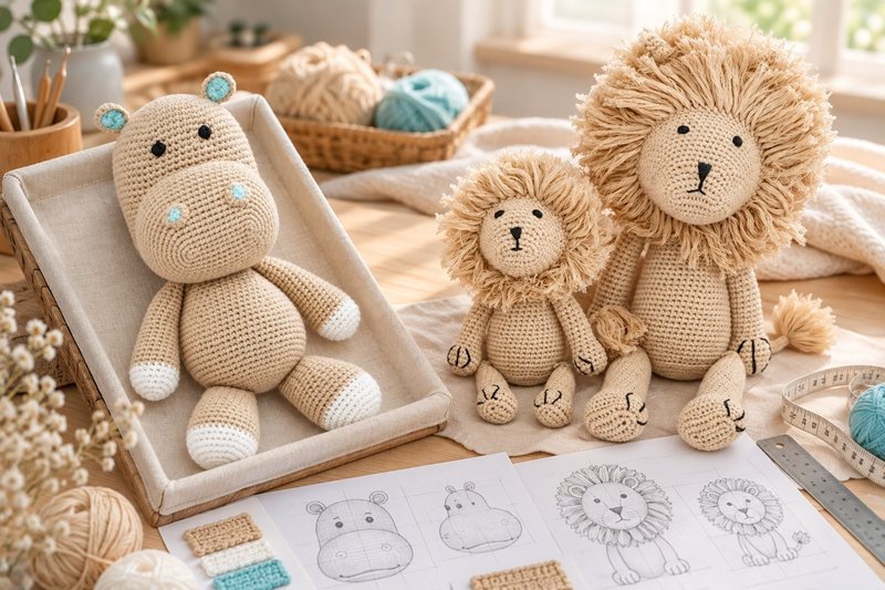 Crochet products on a development table with face-detail sketches, yarn references and measuring tools