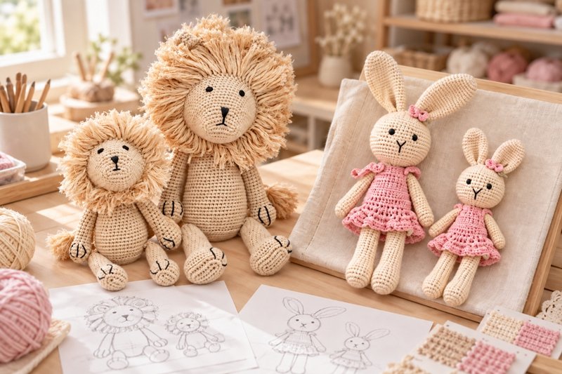 Crochet character references arranged beside sketches and material samples for a multi-size development review