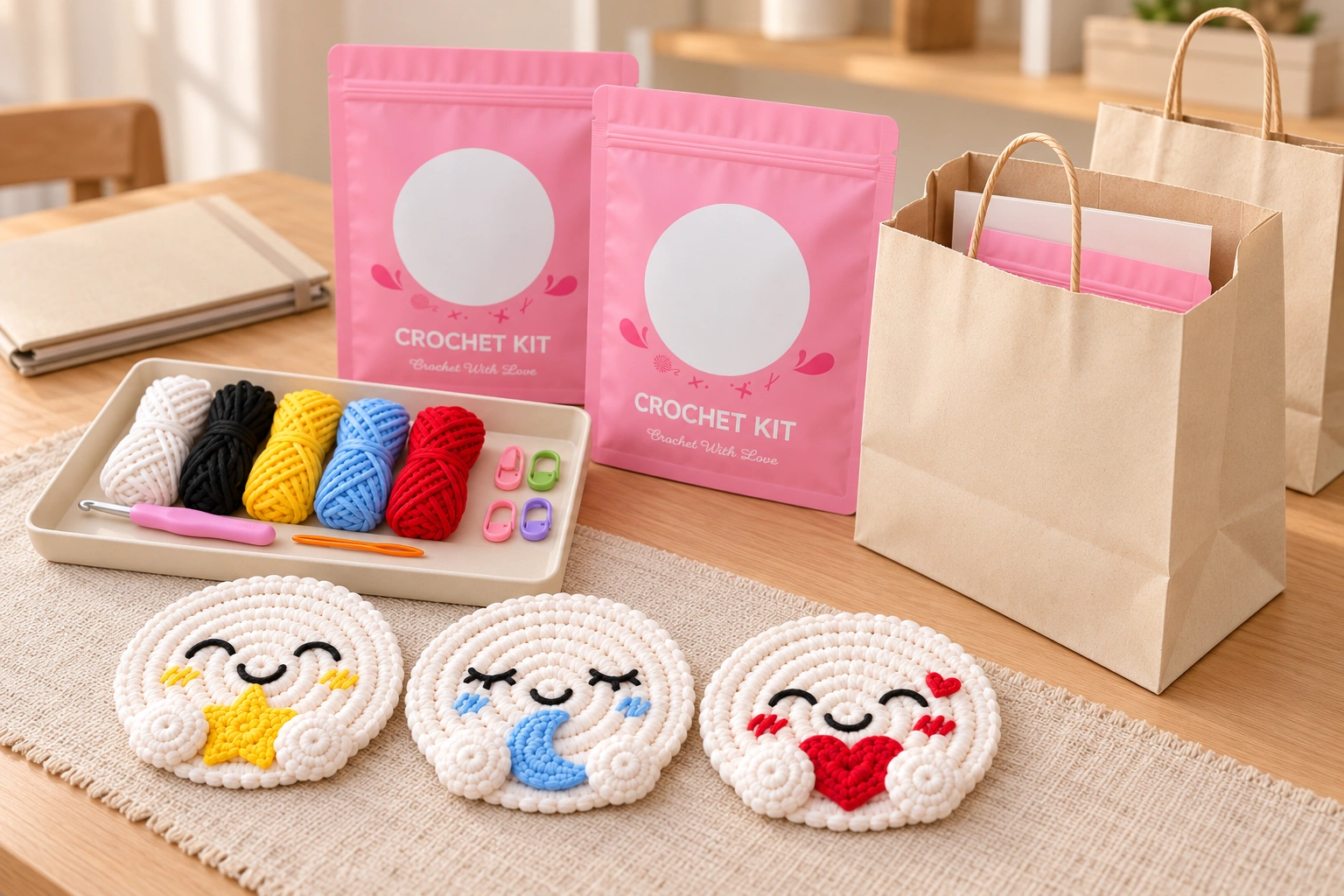 Complete crochet workshop packs prepared for distribution with separate instructor resources and take-home bags