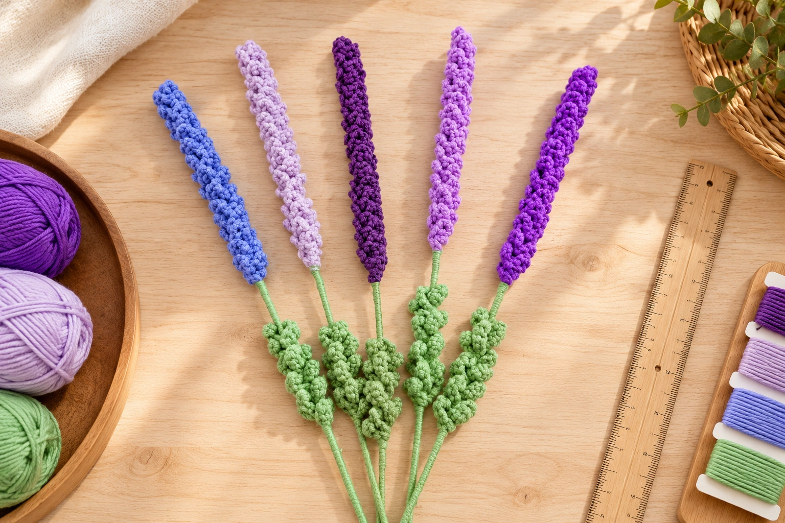 Crochet flower stems arranged beside yarn references and measuring tools on a development table