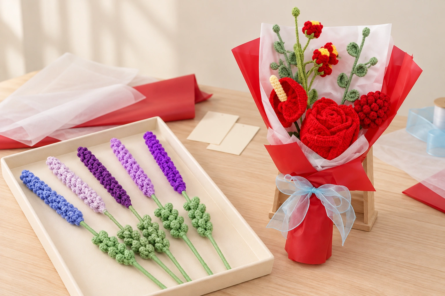 Crochet flower stems and a finished mixed bouquet displayed with coordinated sleeves and simple product cards