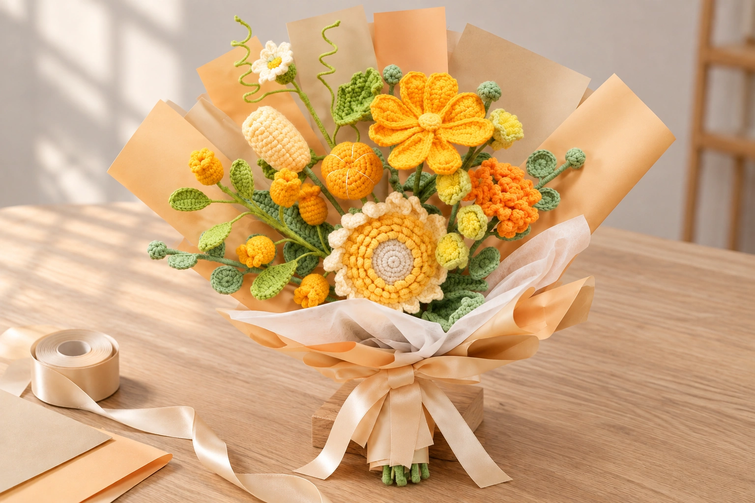 A mixed crochet flower bouquet supported on a worktable beside loose stems and wrapping materials