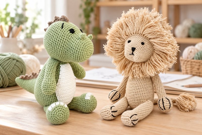 Crochet character samples arranged beside reference photographs and handmade variation review notes