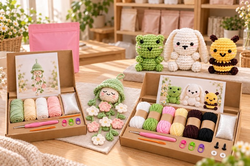 Open crochet kit packaging with organized yarn portions, tools and instructions ready for a final quantity check