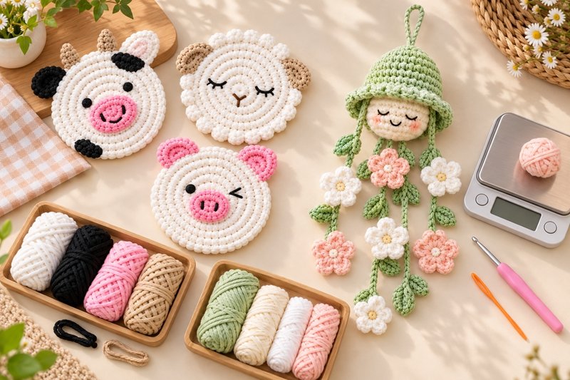 Retail crochet kit yarn portions arranged beside a finished sample, a digital scale and small assembly strands