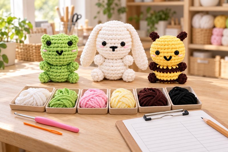 Crochet kit samples beside separate yarn colors and a material consumption record on a development table