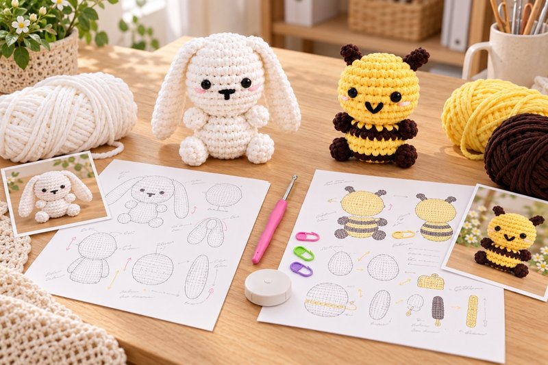Crochet finished samples compared beside revised pattern pages and matching kit materials