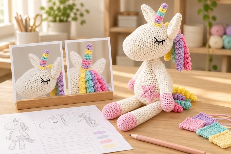 Crochet character sample and detailed reference photographs arranged beside a consolidated revision worksheet