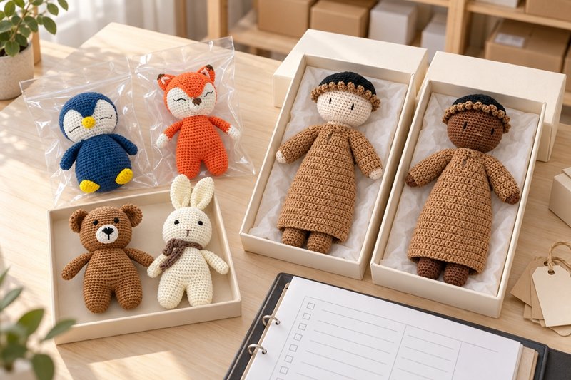 Crochet products displayed with retail packaging and a project comparison checklist ready for a purchasing review