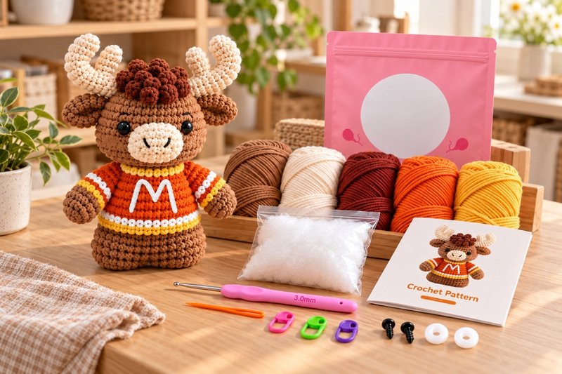 Crochet kit finished samples arranged with yarn, tools and printed instructions for tutorial testing