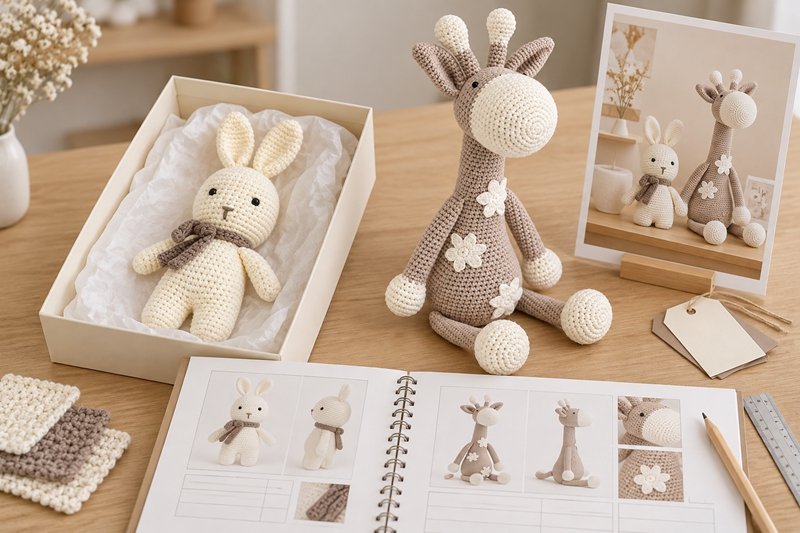 Crochet souvenir development samples presented with specification records and retail presentation references
