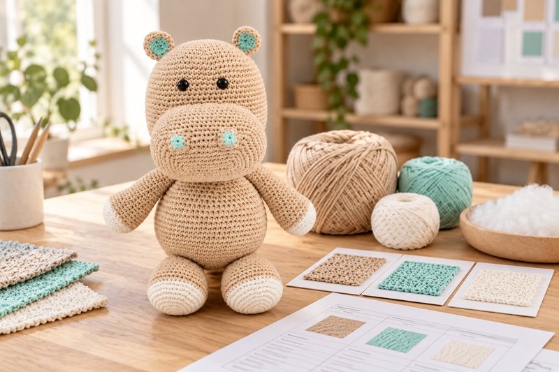 Crochet pre-production samples displayed beside yarn references and material specification sheets