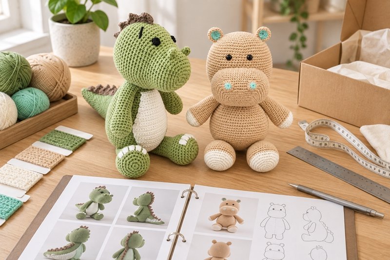 Approved crochet samples arranged with dimension records, component references and packaging review materials