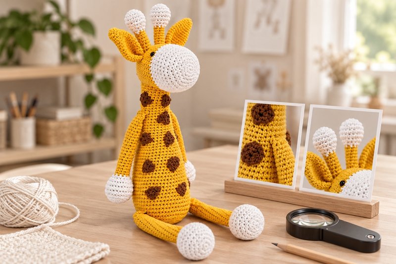 Close-up of crochet sample stitching, facial details and attached components during buyer review