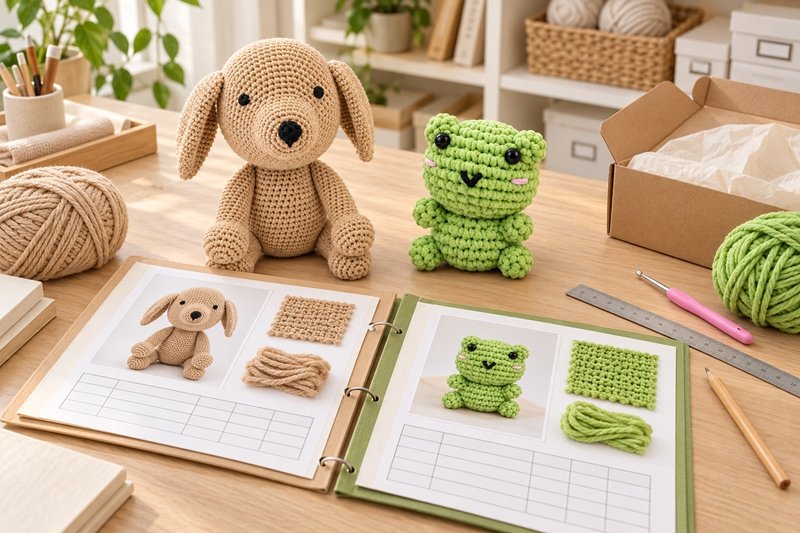 Crochet samples arranged with updated material records and packaging references for change review