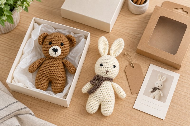 Crochet souvenir samples arranged beside alternative retail packaging and concise story cards