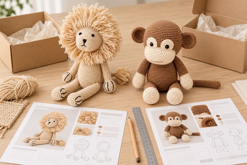 Yarn-based character samples arranged with material swatches and construction references for manufacturing method review