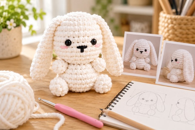 Close view of crochet character details and assembly references on a tutorial review table