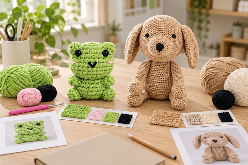 Crochet product reference samples displayed beside original and proposed yarn materials