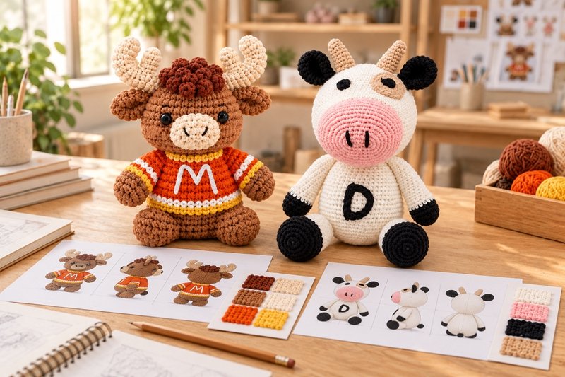 Crochet character development samples displayed beside character reference views and material swatches