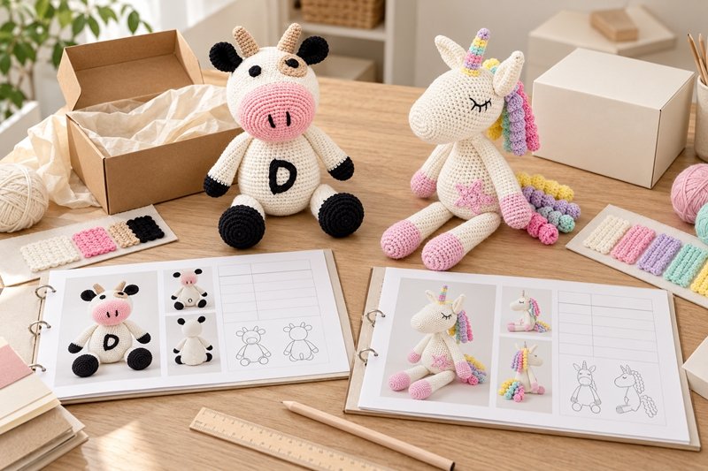 Crochet character reference samples presented with version records and plain packaging prototypes