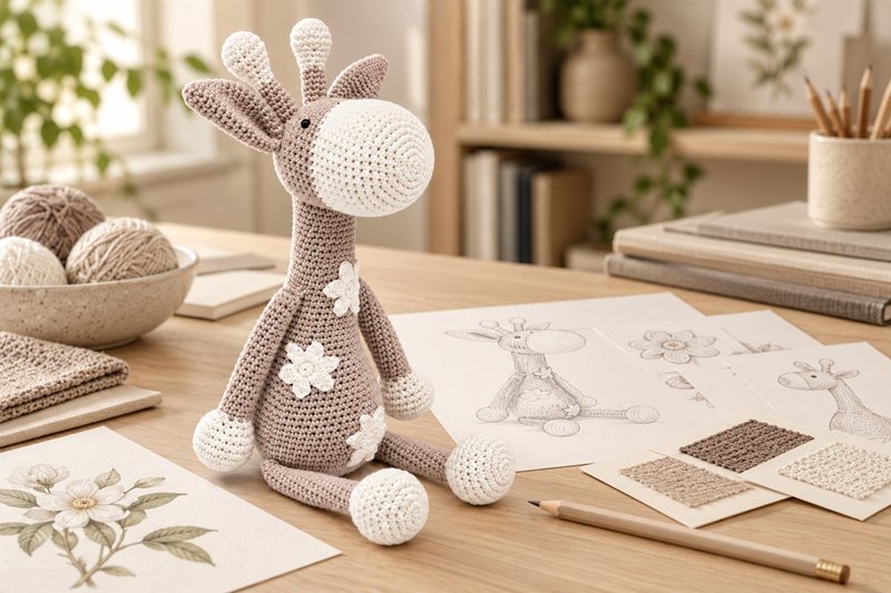 Crochet souvenir concepts displayed with cultural reference materials and product development sketches