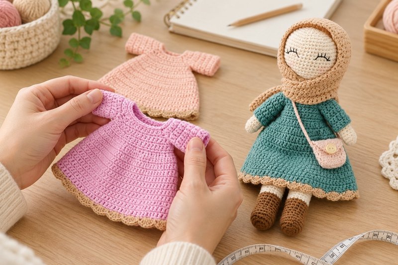 A doll and crochet outfit arranged for review of garment openings and dressing access